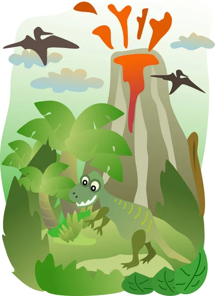 Rexと火山の先史時代の森 — ストックベクタ