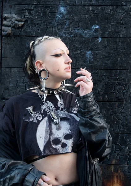 Young Sexy Seductive Gothic Girl Piercings Wearing Skull Shirt Big — Stock Photo, Image