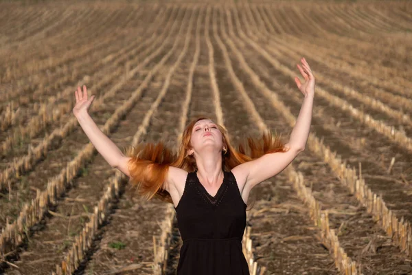 Beautiful young vital sexy woman in nature on the field, raising her arms, opens her arms to receive the energy of the universe, flying full long red hair, joy, freedom, happiness, copy space