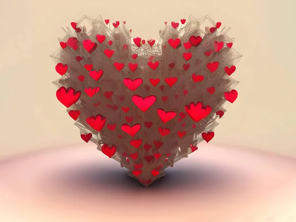 Valentine\'s day background, large heart shape made of crumpled tulle decorated with many small red hearts, created with generative AI