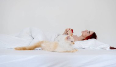 Portrait of an attractive, contented, young, sexy red-haired woman lying relaxed in white bed enjoys her coffee in a red cup and her cat lies beside her, copy space