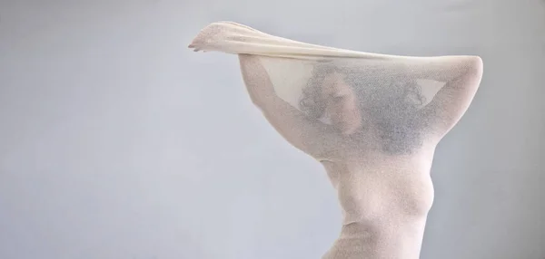 Sexy Mujer Desnuda Joven Blanco Vestido Algodón Transparente Media Como — Foto de Stock