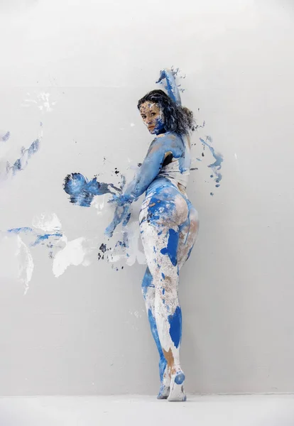 Young Sexy Woman Underwear Lingerie Artistically Abstract Painted White Blue — 图库照片