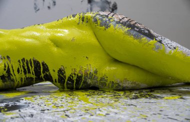 Karnı, kalçaları ve kalçaları siyah, beyaz ve açık yeşil boyalı genç, çıplak bir kadının kalçaları boyalı, dekoratif, stüdyo zemininde zarif bir şekilde yatıyor. Yaratıcı, soyut vücut boyama, uzayı kopyalama