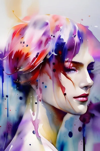 Färgglada Aquarell Konstnärlig Ung Kvinna Ansikte Porträtt Med Mode Frisyr — Stockfoto