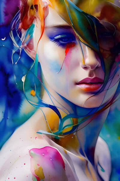 colorful aquarell artistic young modern woman beauty head and shoulder portrait, blue, green, orange, pink, fashion painted, sexy girl, speed splash, watercolor illustration