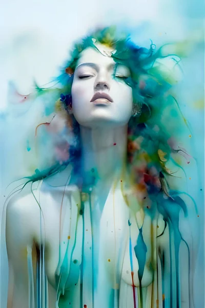 Konstnärlig Ung Kvinna Ansikte Porträtt Mode Färgglada Grön Turkos Aquarell — Stockfoto