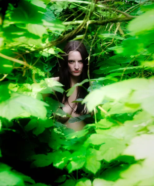 セクシーなヌード強い 誇り高い女性と長い黒髪緑の葉の森のジャングル — ストック写真