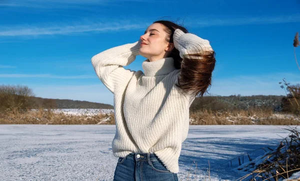 Snowy Winter Landscape Frozen Lake Attractive Young Sexy Brunette Woman Royalty Free Stock Images