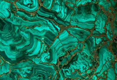 Parlak yeşil mineral malakit yüzeyinin karmaşık, yakın plan görüntüsü, soyut sanata benzeyen kıvrımlı desenler ve katmanlar sergiliyor. Doku doğal güzelliği, üretici yapay zekayı, kopyalama alanını çağrıştırıyor.