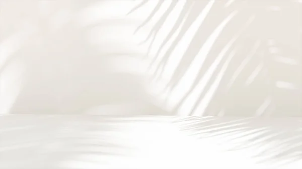 Palmiye yapraklarının soyut gölgesi beyaz duvarda sabah güneşinden kalma. Duvardaki yaprağın gölgesi. Şeffaf yumuşak ışık ve dallardan, bitkiden, yapraklardan gelen gölgeler. Ürün sunumu, model.