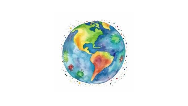 地球环球水彩画或蜡笔画停止运动 卡通动画 儿童手绘涂鸦动漫地球 地球日的概念 复制空间 无缝圈 — 图库视频影像
