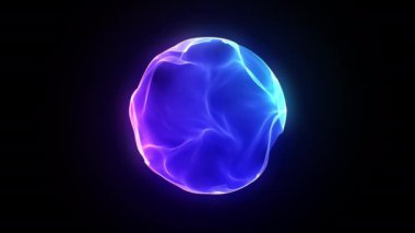 Parlak Enerji Küresi: Karanlık bir arkaplana karşı titreşimli mavi ve mor ışık küresi. Sihirli Parlayan Küre. Renkli elektrik plazması. Kozmik enerjinin soyut görselleştirilmesi veya yapay zeka kavramı