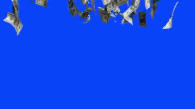 100 Dolarlık banknotlar Düşen Yeşil Ekran Kaplaması. 3D Animasyon Para Yağmuru Patlaması. Dolar banknotları düştü. İş başarısı, enflasyon, zengin, milyoner, piyango ve bolluk kavramı