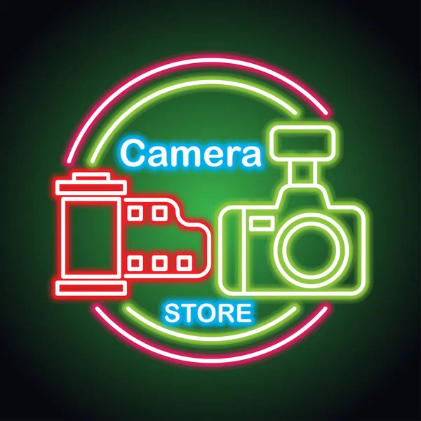 Camera Apparatuur Met Neon Signaaleffect Voor Cameraopslag Vectorillustratie — Stockvector