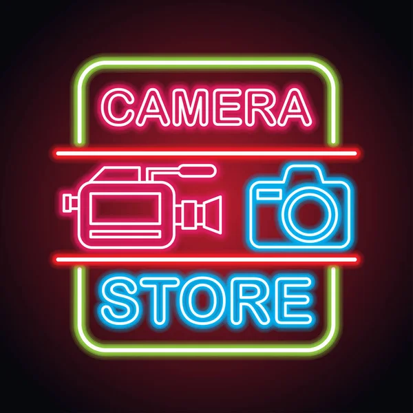 Camera Equipment Neon Sign Effect Camera Store Vector Illustration — Stock Vector