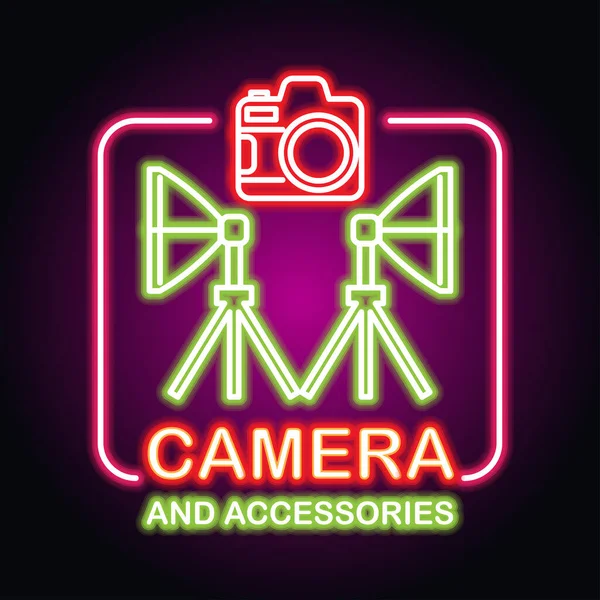 Kamerové Vybavení Neonovým Efektem Pro Obchod Fotoaparáty Vektorová Ilustrace Stock Vektory