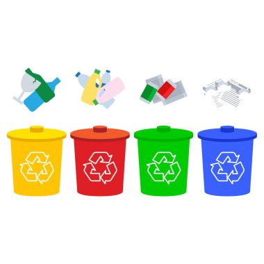 Yeniden kullanıma uygun metal, kağıt, plastik, cam ve organik atık içeren mavi çöp tenekeleri geri dönüşümü azaltır. Çöpleri ayıklamak. vektör illüstrasyonu