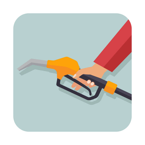 Hand holding gasoline pistol pump fuel nozzle. vector illustration