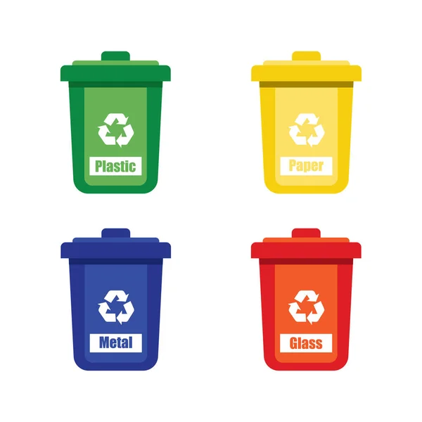 Colored trash cans blue red with metal, paper, plastic, glass and organic waste suitable for reuse reduce recycle. waste sorting garbage. vector illustration