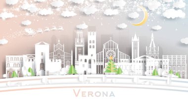 Verona İtalya 'da Kar Taneleri, Ay ve Neon Garland ile Kağıt Kesiği Tarzı Altında Skyline. Vektör İllüstrasyonu. Noel ve Yeni Yıl Kavramı. Noel Baba kızakta. Tarihi Simgelere sahip Verona Şehir Manzarası.