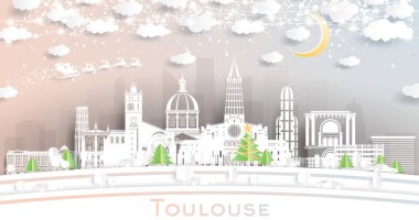 Toulouse France City, Kar Taneleri, Ay ve Neon Garland ile Kağıt Kesiği Tarzı ile Gökyüzü. Vektör İllüstrasyonu. Noel ve Yeni Yıl Kavramı. Noel Baba kızakta. Tarihi İşaretli Toulouse Şehir Manzarası.