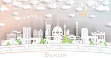 Berlin Almanya 'nın Gökyüzü Kağıt Kesiği tarzında Kar Taneleri, Ay ve Neon Garland ile. Vektör İllüstrasyonu. Noel ve Yeni Yıl Kavramı. Noel Baba kızakta. Tarihi Simgelerle Berlin Şehri.
