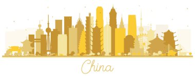 China City Skyline Silhouette ve White 'da izole edilmiş Altın Binalar. Çin 'in ünlü simgeleri. Vektör İllüstrasyonu. Modern Mimariyle İş Seyahatleri ve Turizm Konsepti. Tarihi yerleri olan Çin Şehir Manzarası.