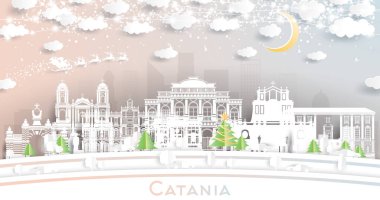 Catania Italy City Skyline in Paper Cut Style with Snowflakes, Moon and Neon Garland. Vektör İllüstrasyonu. Noel ve Yeni Yıl Kavramı. Noel Baba kızakta. Landmark 'lı Katanya Şehir Manzarası.