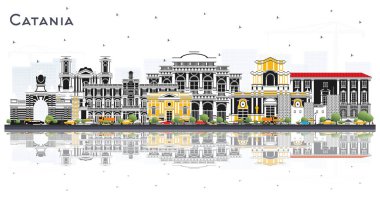Catania İtalya 'nın gri binaları ve beyaza izole edilmiş yansımaları ile Skyline şehri. Vektör İllüstrasyonu. Tarihi Mimariyle Seyahat ve Turizm Konsepti. Katanya Sicilya Şehir Manzarası.