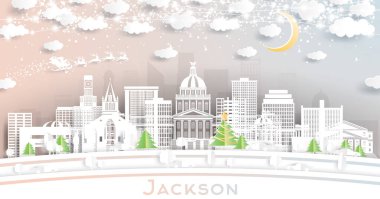 Jackson Mississippi City Skyline Kağıt Kesiği Tarzı ile Kar Taneleri, Ay ve Neon Garland. Vektör İllüstrasyonu. Noel ve Yeni Yıl Kavramı. Noel Baba kızakta. Jackson Şehir Yer İmleri.