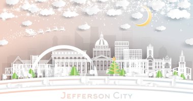 Jefferson City Missouri Skyline 'da Kar Taneleri, Ay ve Neon Garland ile kağıt kesiği tarzında. Vektör. Noel ve Yeni Yıl Kavramı. Noel Baba kızakta. Jefferson City Şehri Şehir Simgeleriyle.