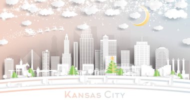 Kansas City Missouri Skyline 'ı, Kar Taneleri, Ay ve Neon Garland ile Kağıt Kesiği Tarzı. Vektör. Noel ve Yeni Yıl Kavramı. Noel Baba kızakta. Kansas City Şehri 'nin simgeleriyle.