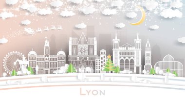 Lyon France City Skyline 'da Kar Taneleri, Ay ve Neon Garland ile Kağıt Kesiği Tarzı. Vektör İllüstrasyonu. Noel ve Yeni Yıl Kavramı. Noel Baba kızakta. Simgeli Lyon Şehir Manzarası.