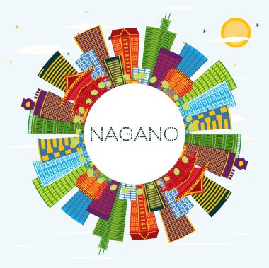 Nagano Japon Şehir Skyline 'ı, Renkli Binalar, Mavi Gökyüzü ve Kopya Uzayı. Vektör İllüstrasyonu. Modern Mimariyle Seyahat ve Turizm Konsepti. Tarihi Simgeli Nagano Şehri. 