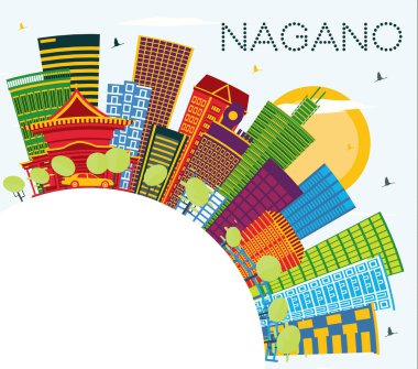 Nagano Japon Şehir Skyline 'ı, Renkli Binalar, Mavi Gökyüzü ve Kopya Uzayı. Vektör İllüstrasyonu. Modern Mimariyle Seyahat ve Turizm Konsepti. Tarihi Simgeli Nagano Şehri. 