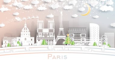 Kağıt Kesiği Tarzı ile Paris France City Skyline Kar Taneleri, Ay ve Neon Garland ile. Vektör İllüstrasyonu. Noel ve Yeni Yıl Kavramı. Noel Baba kızakta. Tarihi Simgelerle Paris Şehri.