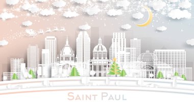 Kartaneleri, Ay ve Neon Garland 'lı Azize Paul Minnesota City Skyline. Vektör İllüstrasyonu. Noel ve Yeni Yıl Kavramı. Noel Baba kızakta. Aziz Paul Şehri.