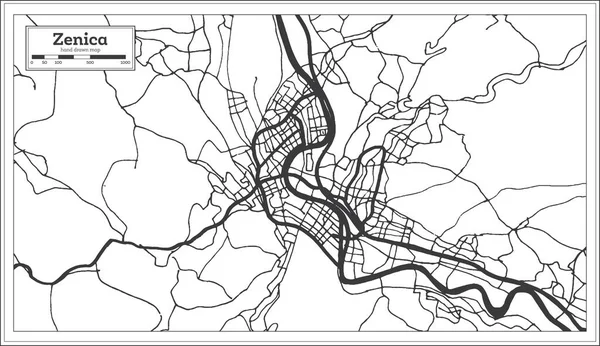泽尼察波斯尼亚和黑塞哥维那城市地图 黑色和白色 复古风格 与白色隔离 概要地图 病媒图解 — 图库矢量图片