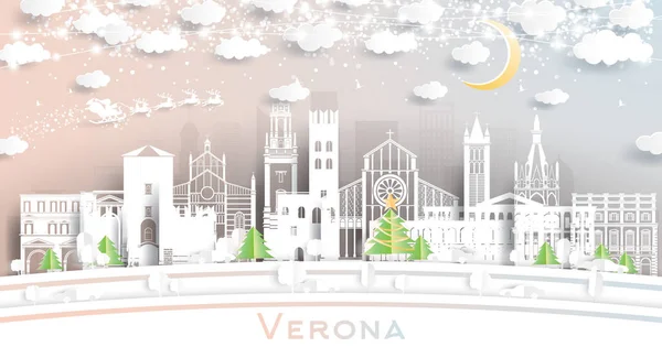 Verona Italy City Skyline Paper Cut Style Snowflakes Moon Neon — Stock Vector