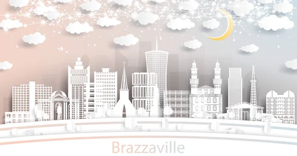 stock vector Brazzaville Republic of Congo City Skyline in Paper Cut Style with White Buildings, Moon and Neon Garland. Vector Illustration. Travel and Tourism Concept. Brazzaville Cityscape with Landmarks.