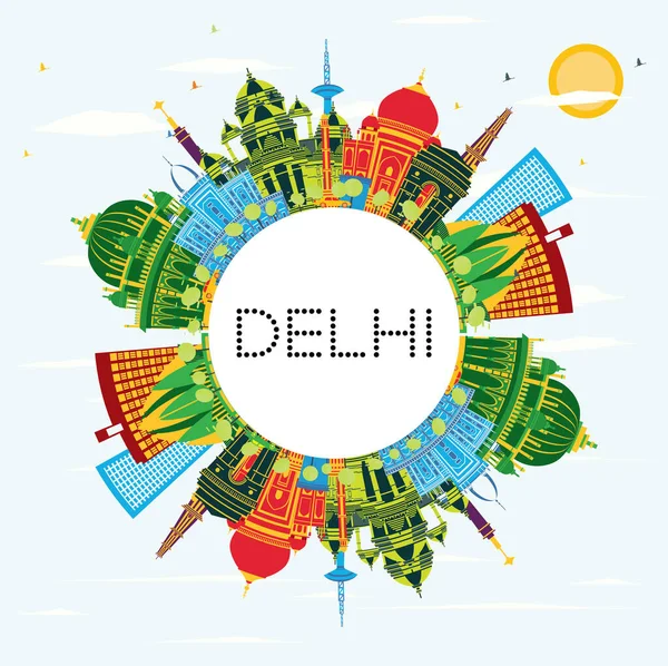 Delhi India City Skyline Mit Farbigen Gebäuden Blauem Himmel Und — Stockvektor
