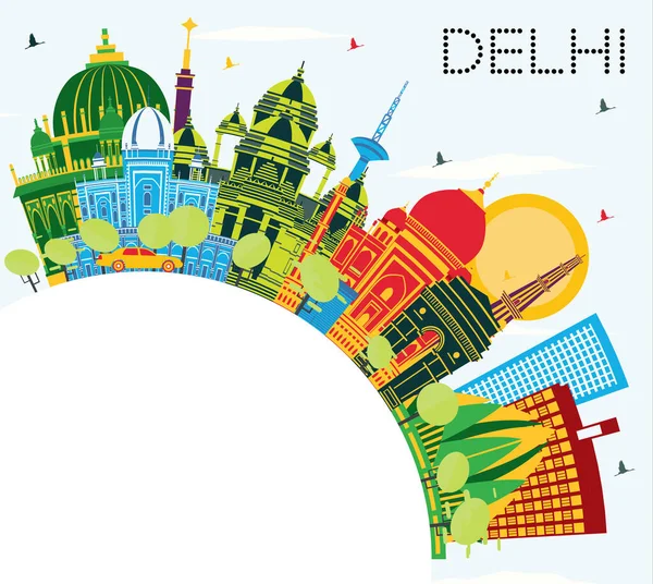 Panoramę Miasta Indii Delhi Kolor Budynków Błękitne Niebo Miejsce Ilustracja — Wektor stockowy