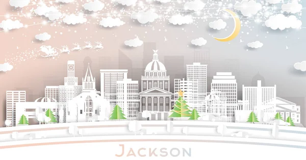 Jackson Mississippi City Skyline Paper Cut Style Snowflakes Moon Neon — стоковий вектор
