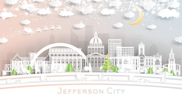 Jefferson City Missouri Skyline Papírvágásos Stílusban Hópehellyel Holddal Neonfüzérrel Vektor — Stock Vector
