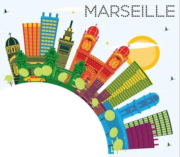 Marseille France Skyline Avec Bâtiments Colorés Ciel Bleu Espace Copie — Image vectorielle
