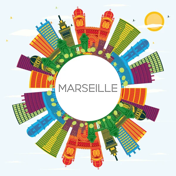马赛法国城市天际线与色彩建筑 蓝天和复制空间 病媒说明 具有历史建筑的商务旅行和旅游概念 有地标的马赛城市景观 — 图库矢量图片