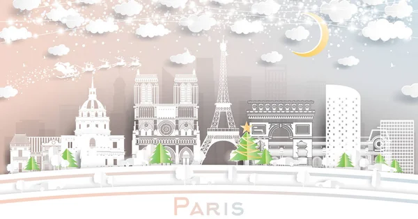 Parigi France City Skyline Stile Paper Cut Con Fiocchi Neve — Vettoriale Stock