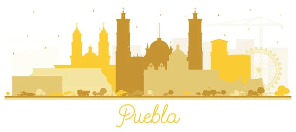 プエブラメキシコシティホワイトに隔離された黄金の建物とスカイラインシルエット ベクトルイラスト 歴史的 近代的な建築と観光の概念 ランドマークとプエブラの街の風景 — ストックベクタ