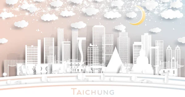 Taichung Taiwan City Skyline Paper Cut Style White Buildings Moon — Stock Vector